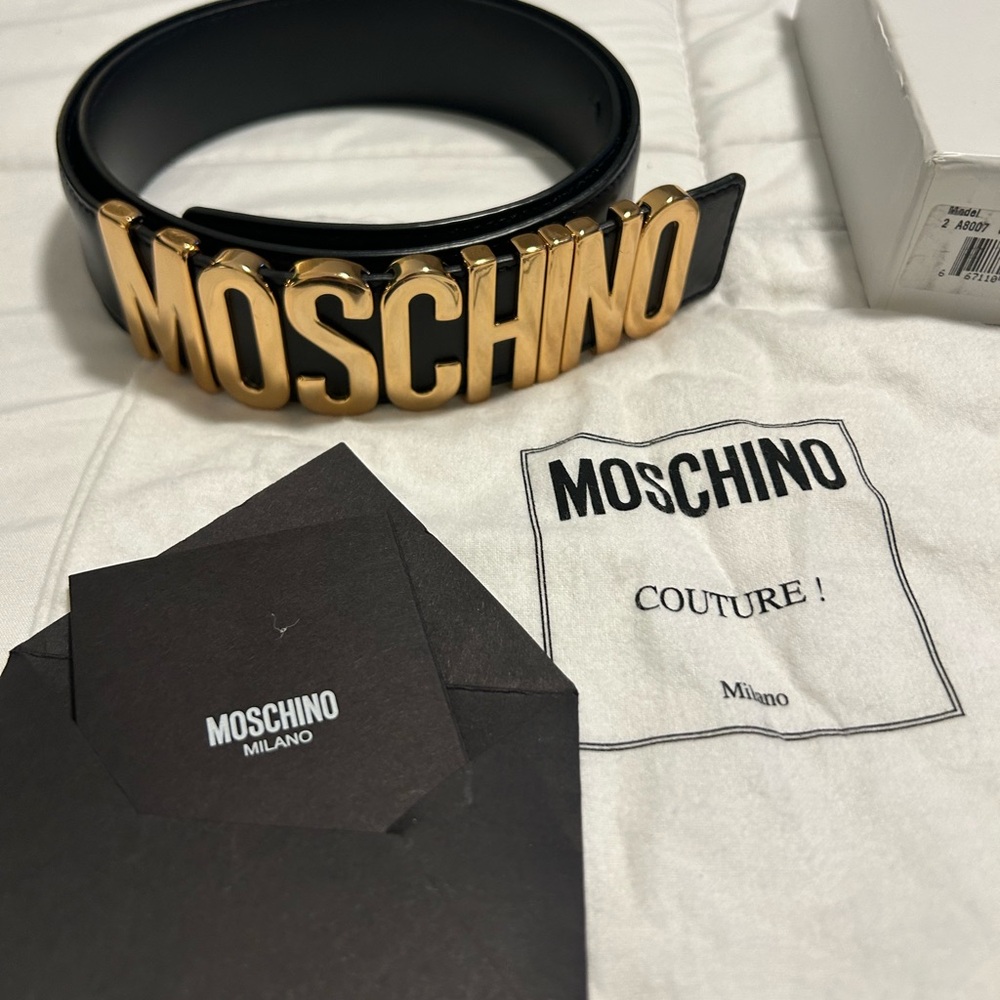Moschino Black Belt with Gold Lettering